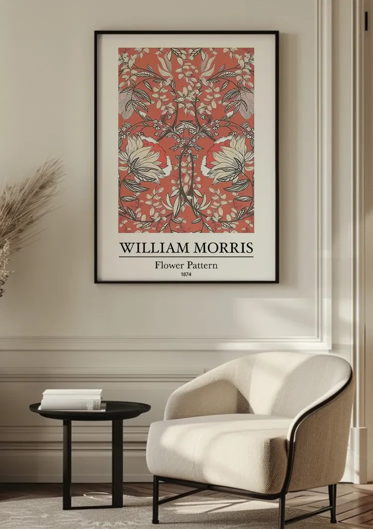 William Morris Blumenmuster, weiße Blumen auf rotem Gemälde