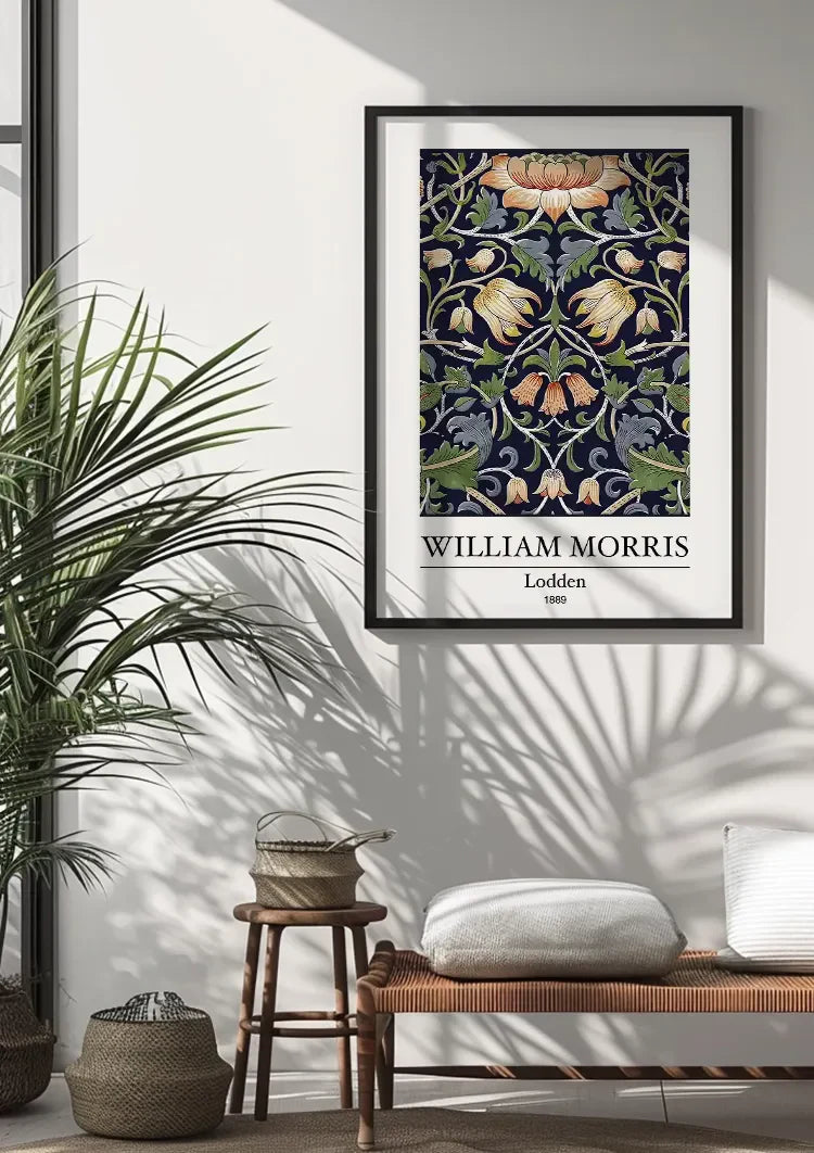 William Morris Lodden Bloemen Donkerblauw Oranje Groen Klassiek Patroon Kunst Schilderij