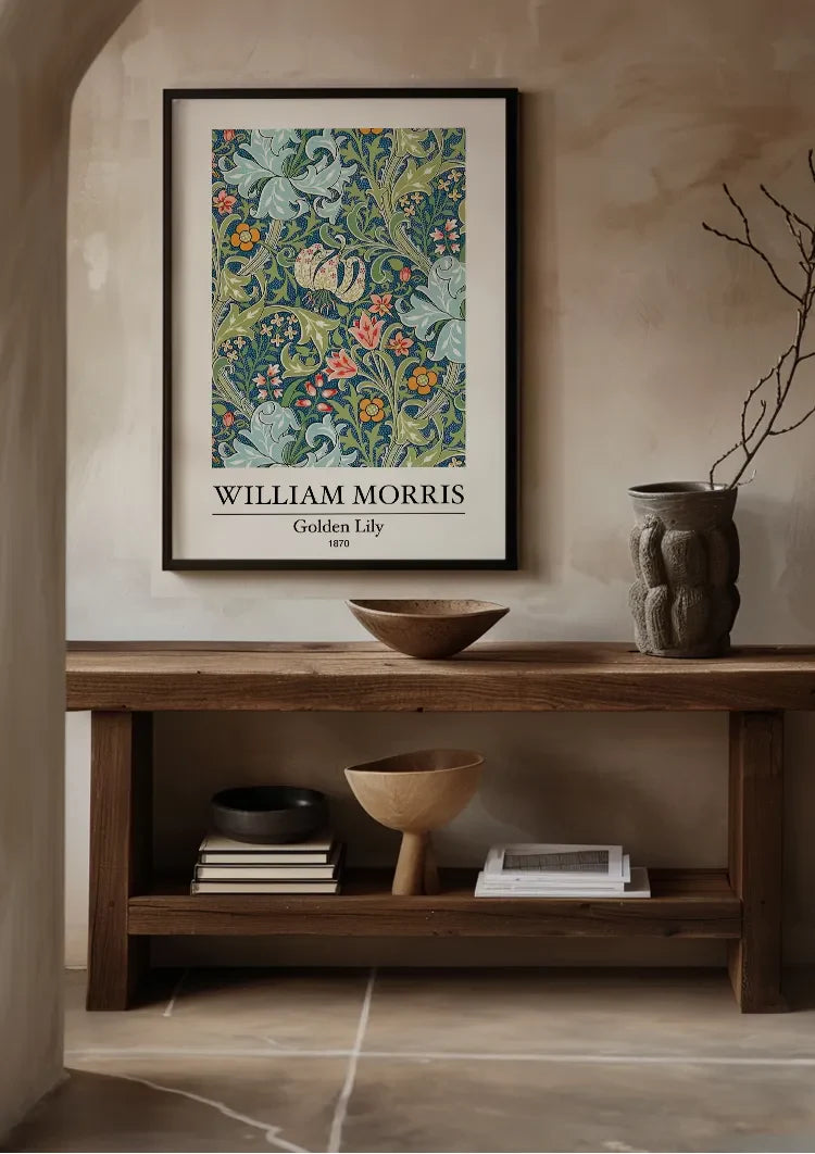 William Morris Golden Lily Blue-Green Colorful Botanical Painting