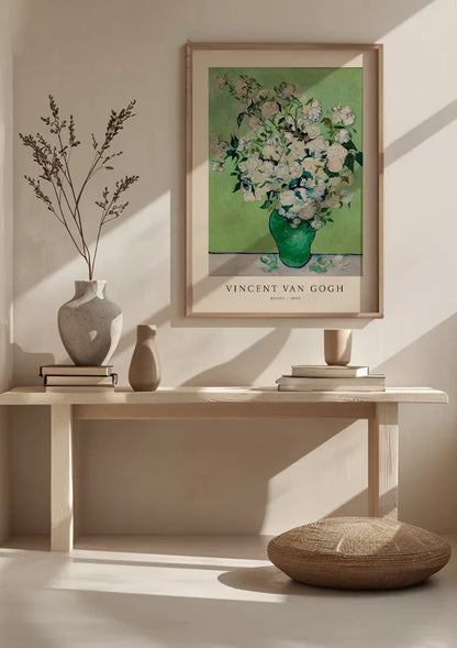 Van Gogh White Roses Green Vase Green Background Painting