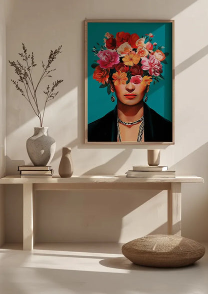 Woman with Colorful Flower Crown on Turquoise Background Painting