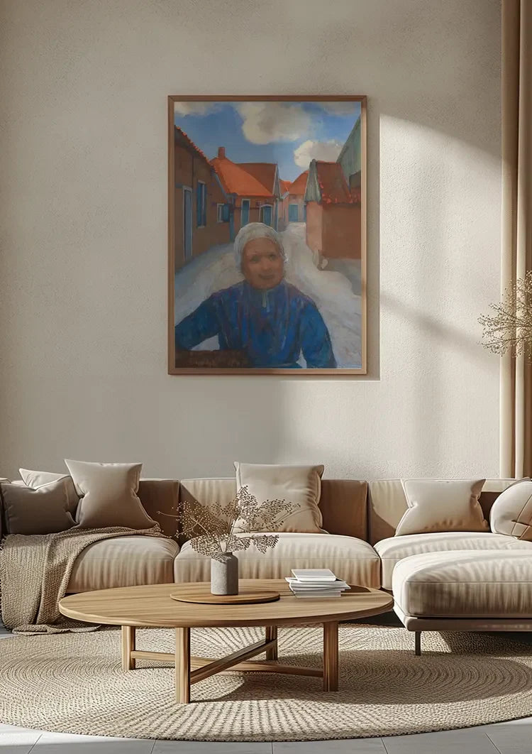 Elderly Woman in Blue Dress in Narrow Village Street Painting