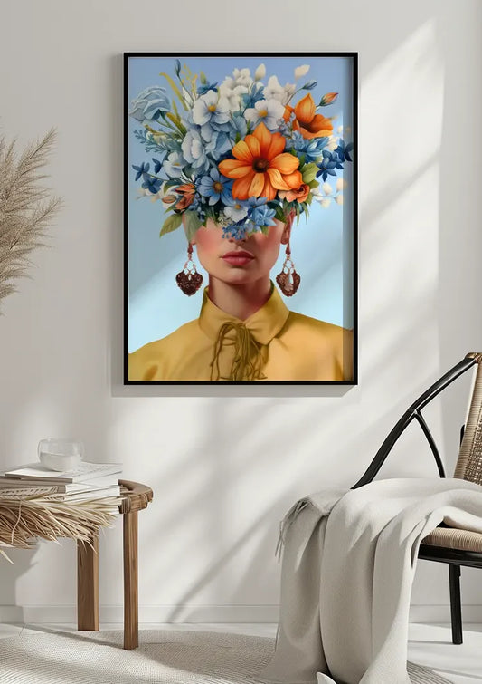 Frau mit blau-oranger Blumenkrone auf hellblauem Hintergrund Gemälde