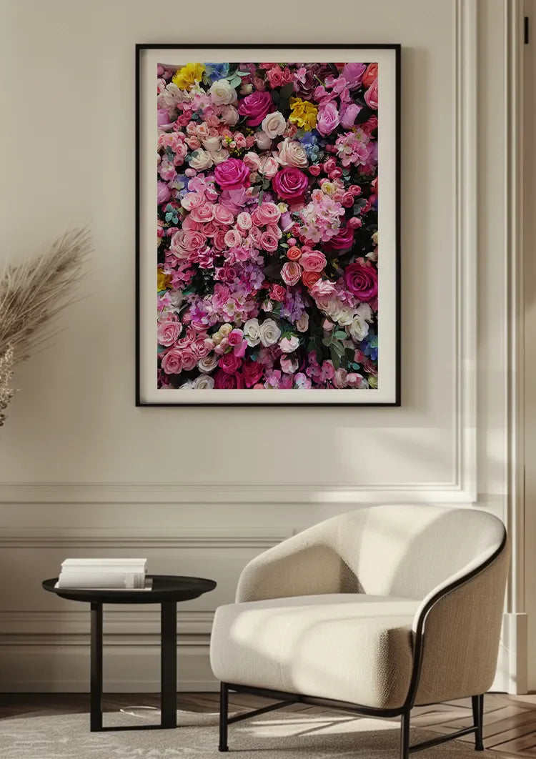 Farbenfrohe Rosa Rosen Blumenwand Magenta Weiß Lila Üppiges Gemälde