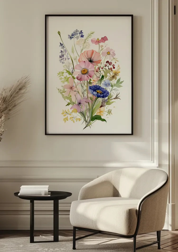 Aquarell Wildblumenstrauß Pastellfarben Rosa Blau Zart Botanisches Gemälde