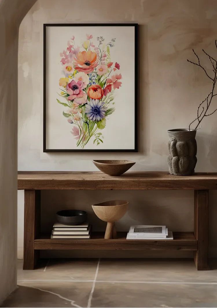 Aquarellstrauß Anemone Mohn Lila Orange Bunte Gartenblumen Gemälde