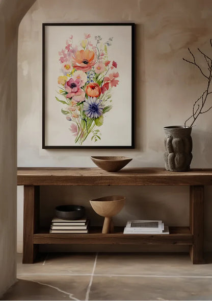 Aquarellstrauß Anemone Mohn Lila Orange Bunte Gartenblumen Gemälde