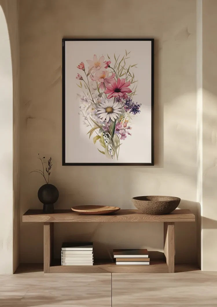 Aquarell Blumenstrauß Gänseblümchen Mohn Lila Rosa Wildblumenpracht Gemälde
