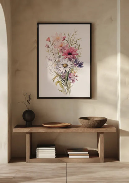 Aquarell Blumenstrauß Gänseblümchen Mohn Lila Rosa Wildblumenpracht Gemälde