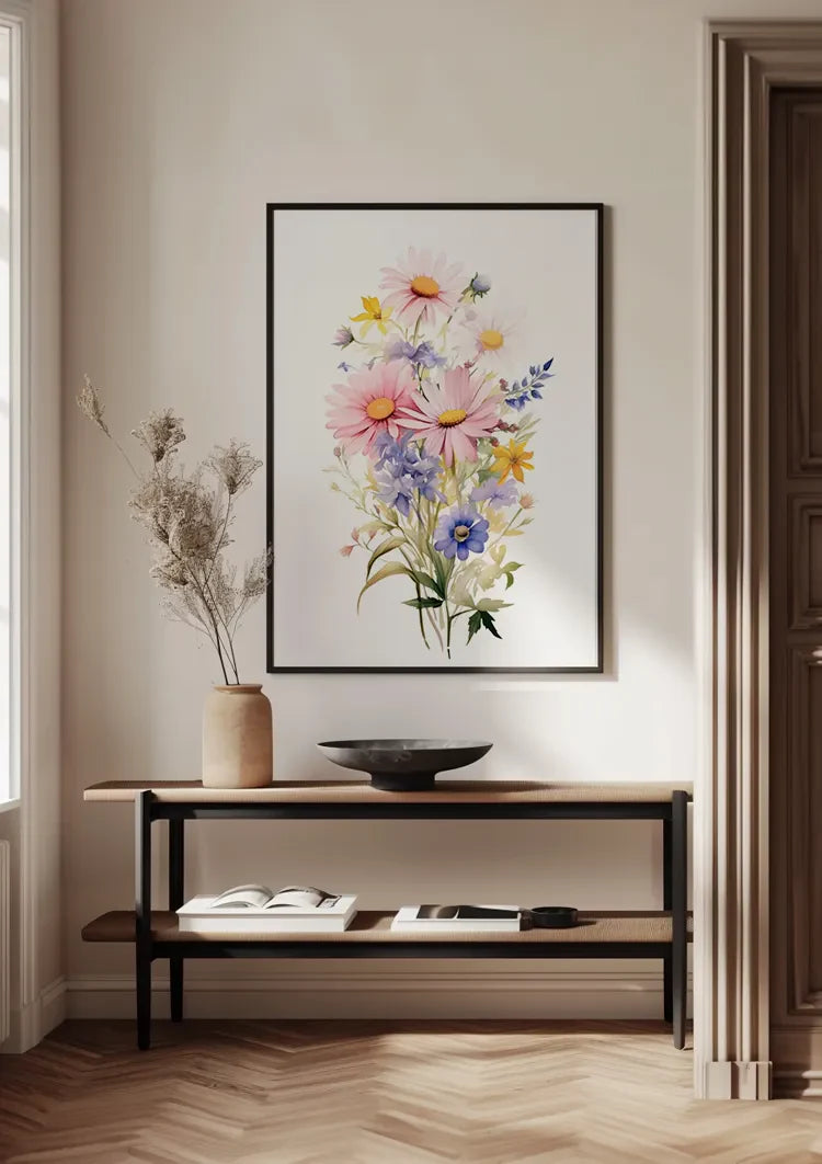 Aquarellstrauß Rosa Gänseblümchen Orange Lilie Lila Wildblumen Fröhliches Gemälde