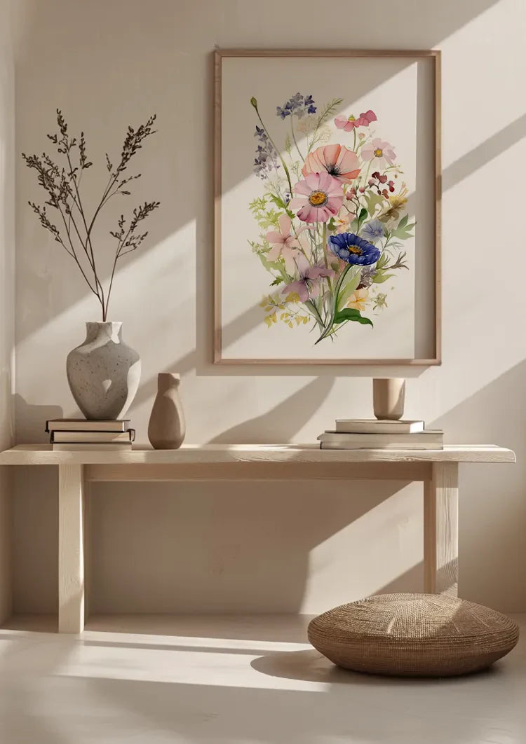 Aquarell Wildblumenstrauß Pastellfarben Rosa Blau Zart Botanisches Gemälde