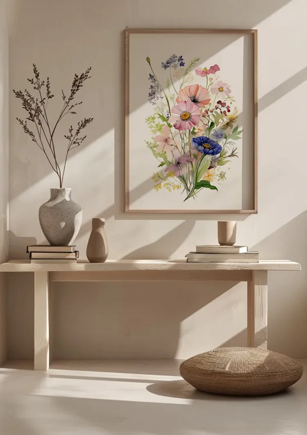 Aquarell Wildblumenstrauß Pastellfarben Rosa Blau Zart Botanisches Gemälde