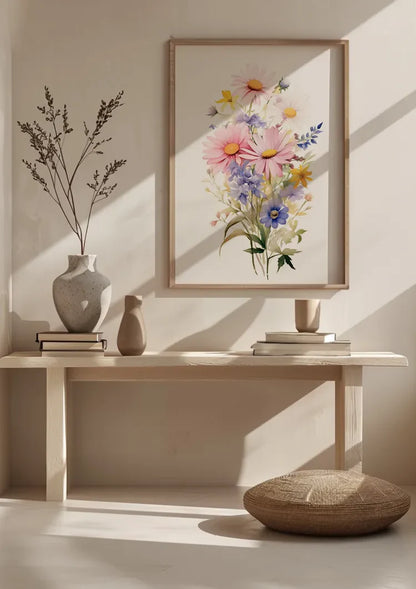 Aquarellstrauß Rosa Gänseblümchen Orange Lilie Lila Wildblumen Fröhliches Gemälde