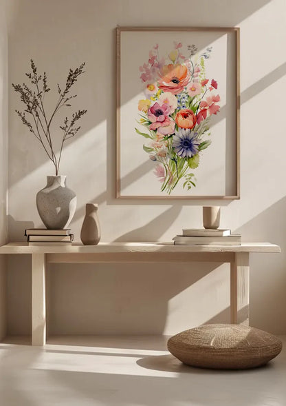 Aquarellstrauß Anemone Mohn Lila Orange Bunte Gartenblumen Gemälde