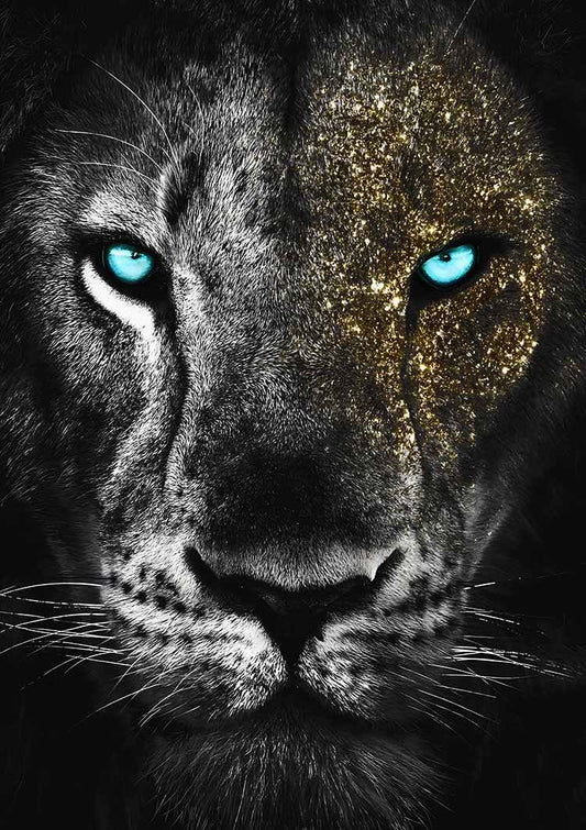 Tijger met gouden glitter canvas schilderij in zwart-wit met blauwe ogen