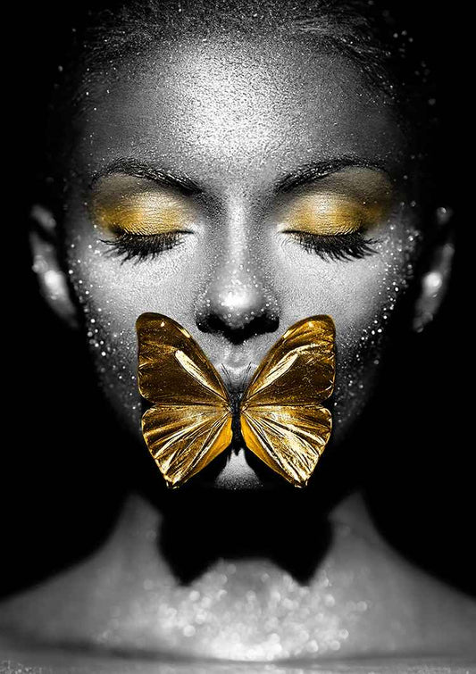 Zwart-wit vrouwenportret canvas schilderij met gouden glitter en een gouden vlinder
