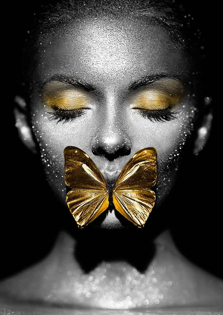 Golden Butterfly Frau Porträt Schwarz-Weiß-Gemälde