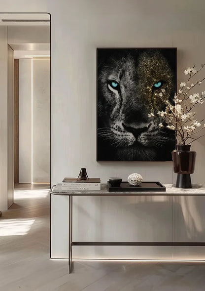 Tiger Porträt Goldglitzer Blaue Augen Schwarz-Weiß-Gemälde