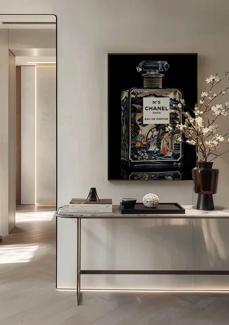 Delft Blue Perfume Bottle Oriental Decor Gold Black Background Luxury Painting