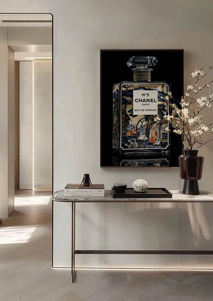 Delft Blue Perfume Bottle Oriental Decor Gold Black Background Luxury Painting