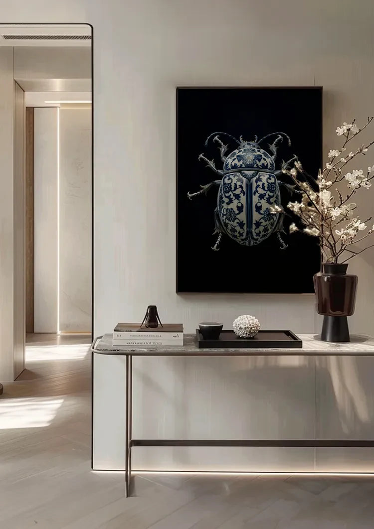 Delft Blue Porcelain Beetle Dark Background Painting