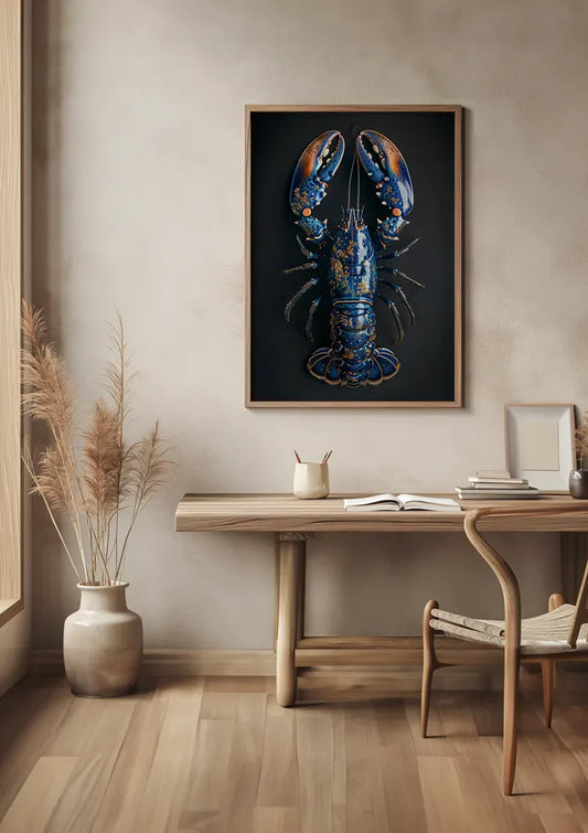 Delfts blauwe kreeft met goud canvas schilderij boven het bed in de slaapkamer