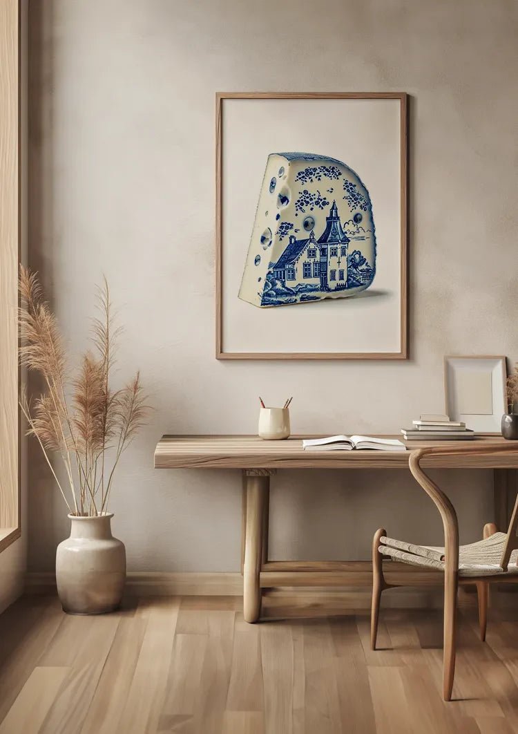 Delft Blue Cheese with Dutch House Illustration Painting