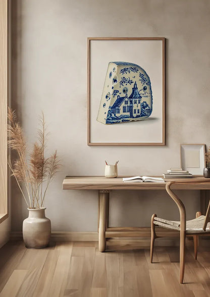 Delft Blue Cheese with Dutch House Illustration Painting
