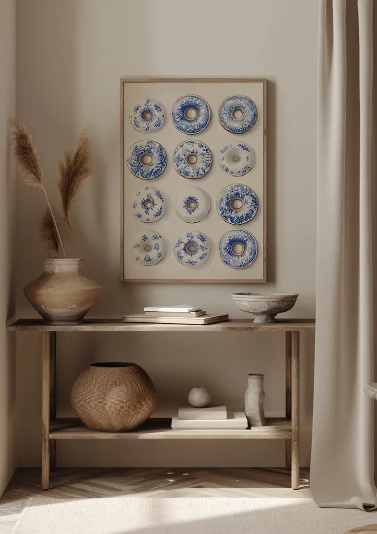 Twelve Donuts With Delft Blue Pattern Playful Ceramic Painting