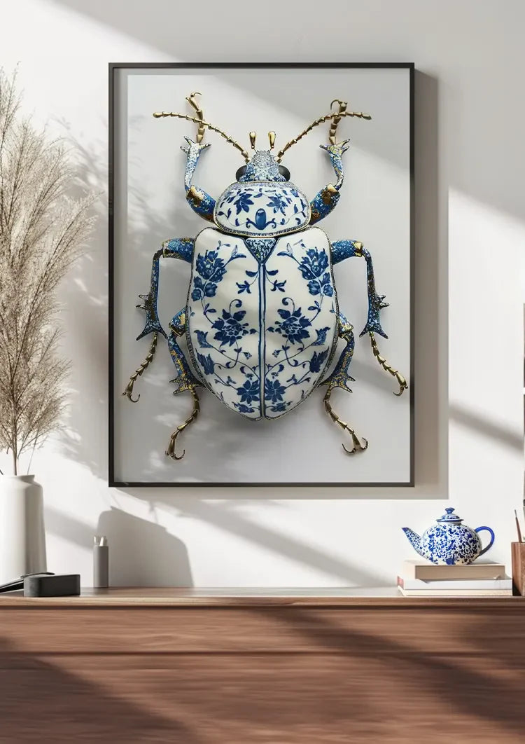 Delfts Blauw Kever Bloempatroon Gouden Poten Wit Porselein Klassiek Schilderij