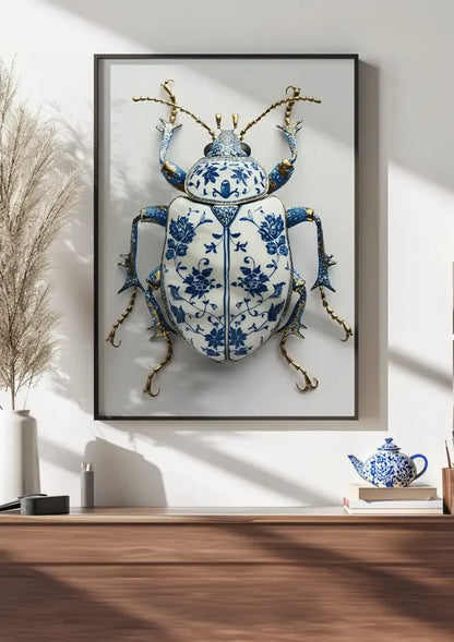 Delfts Blauw Kever Bloempatroon Gouden Poten Wit Porselein Klassiek Schilderij