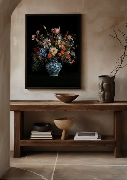 Delfts Blauw Vaas Kleurrijk Bloemboeket Tulpen Rozen Zwarte Achtergrond Stilleven Schilderij