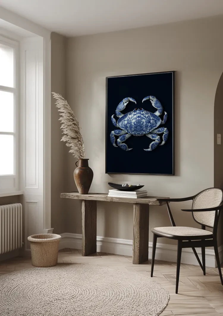 Delft Blue Crab Dark Background Classic Porcelain Pattern Painting