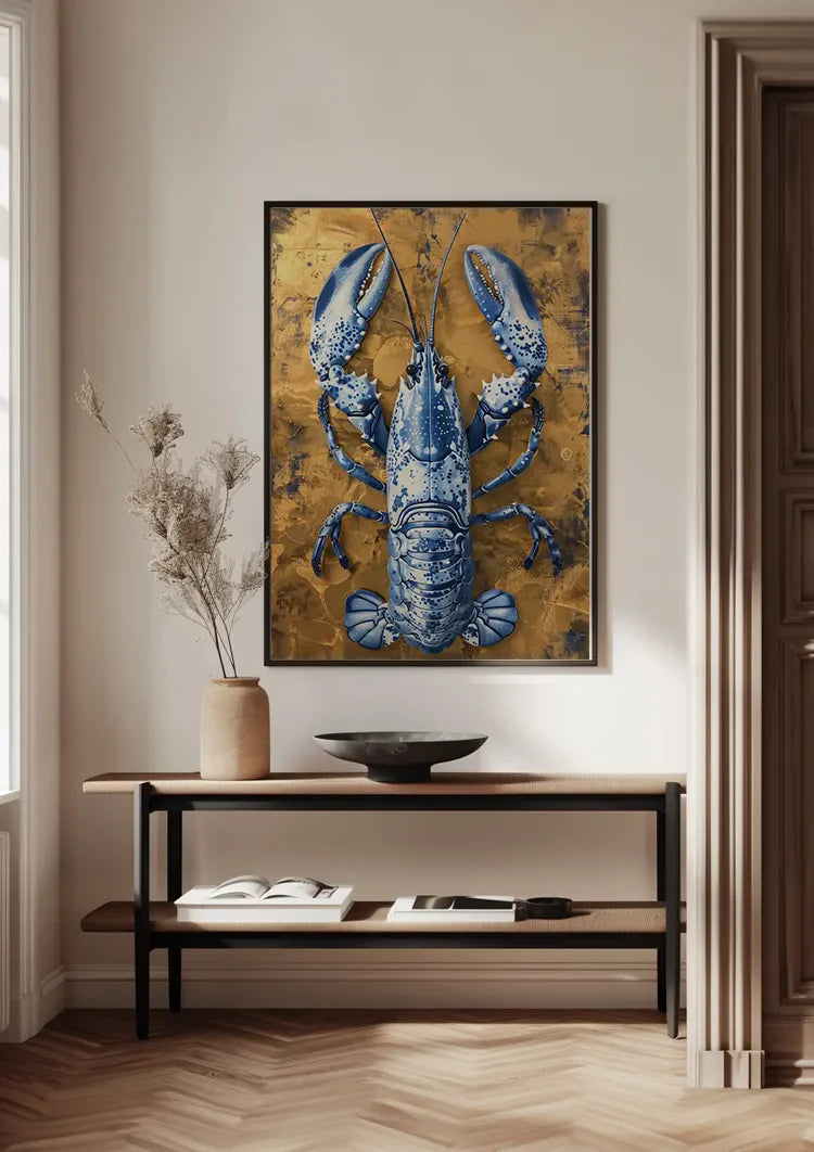 Delfter Blau Hummer Goldener Hintergrund Chinesisches Porzellan Luxus Klassisches Gemälde