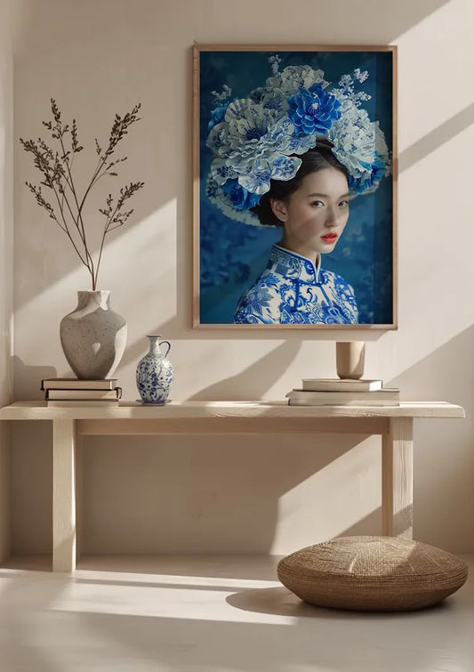 Vrouw met Delfts blauwe kroon canvas schilderij aan de muur in de hal