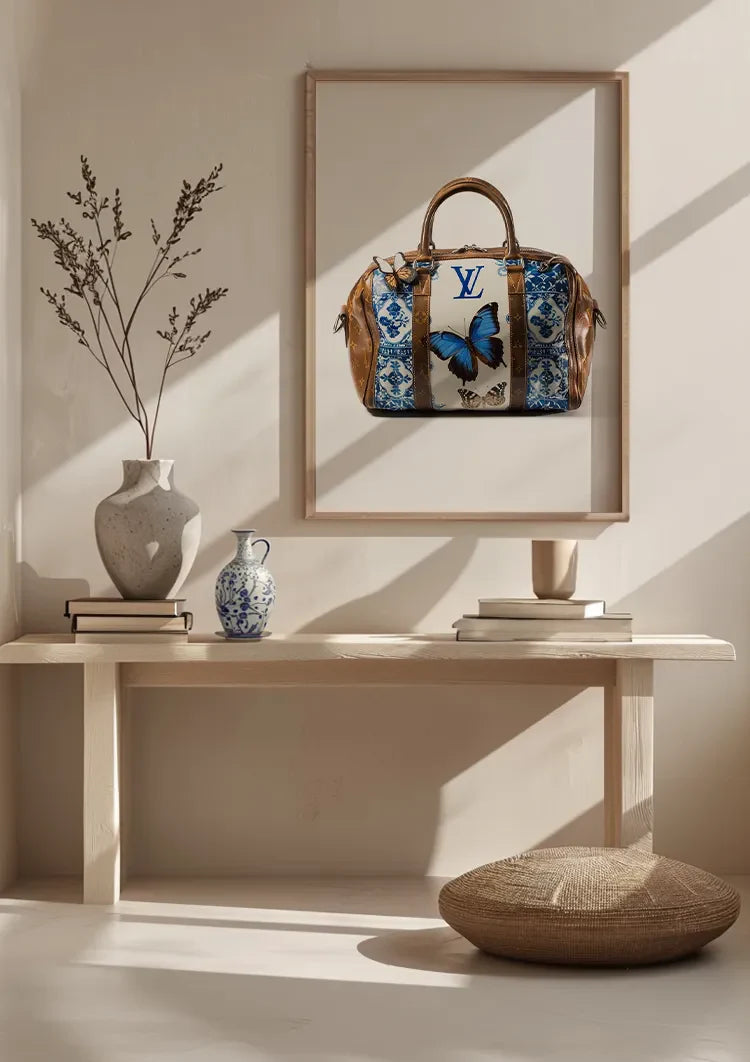Louis Vuitton Tas Blauwe Vlinders Bloemen LV Logo Luxe Mode Schilderij