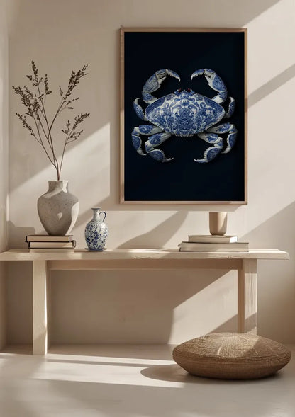 Delft Blue Crab Dark Background Classic Porcelain Pattern Painting
