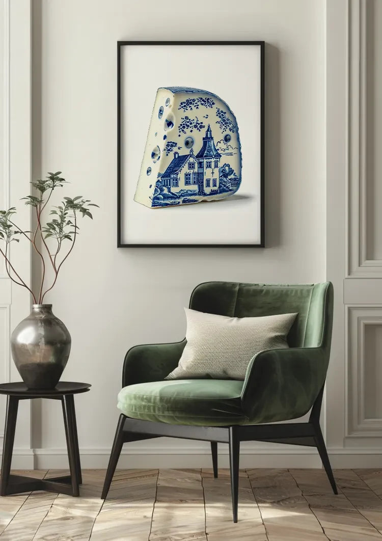 Delft Blue Cheese with Dutch House Illustration Painting