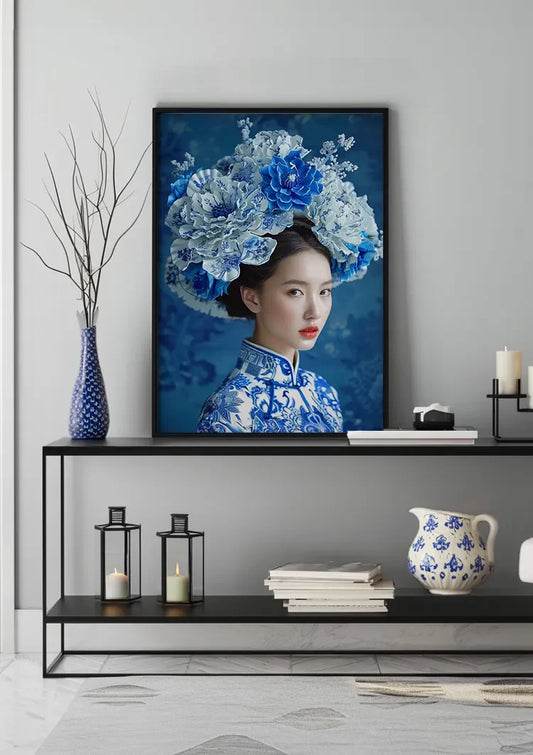 Vrouw met Delfts blauwe kroon canvas schilderij boven het bed in de slaapkamer
