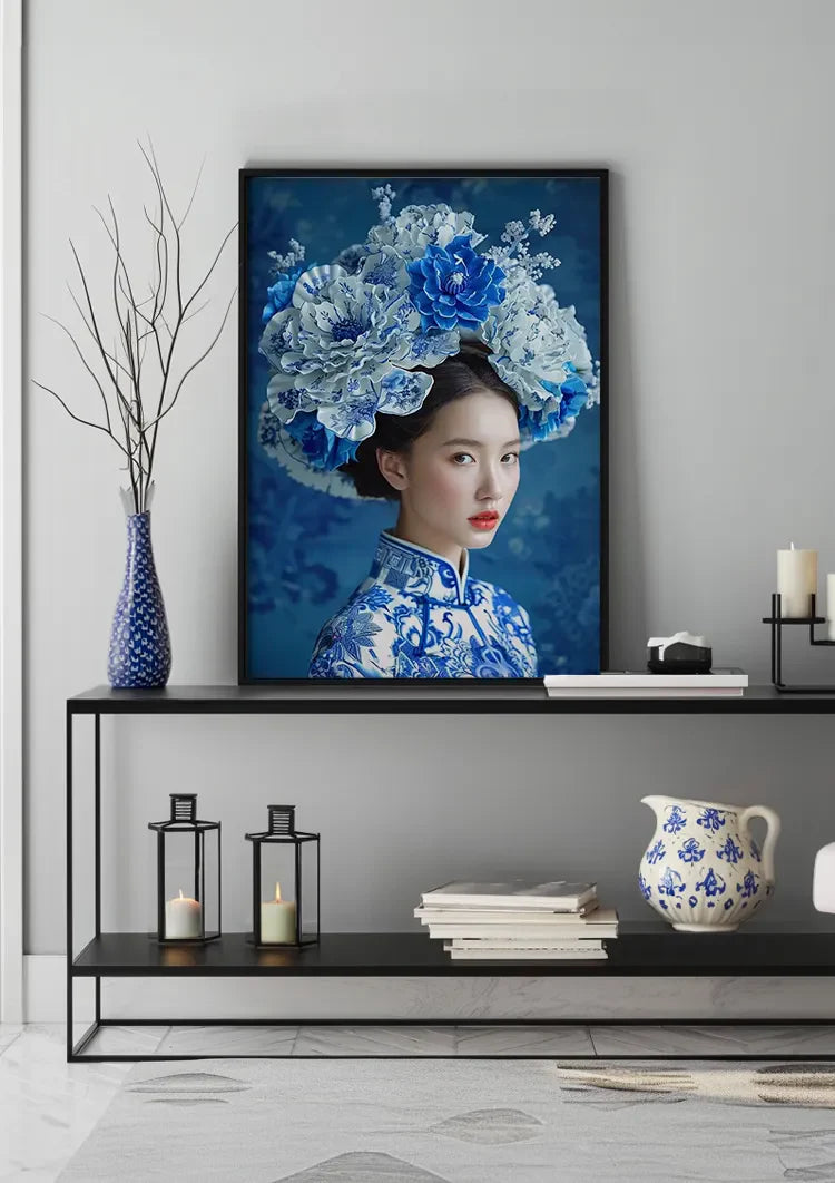 Delft Blue Woman Large Floral Crown Traditional Portrait Blue Canvas Painting