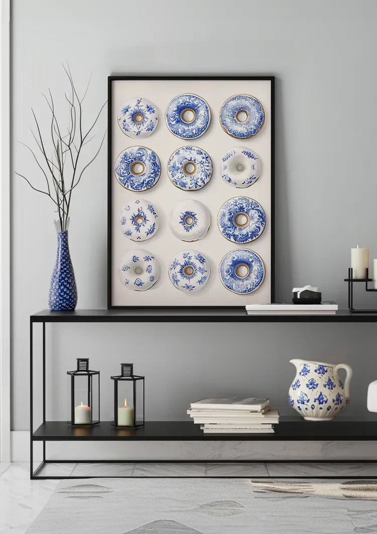 Twelve Donuts With Delft Blue Pattern Playful Ceramic Painting