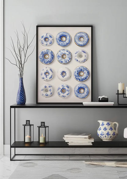 Twelve Donuts With Delft Blue Pattern Playful Ceramic Painting