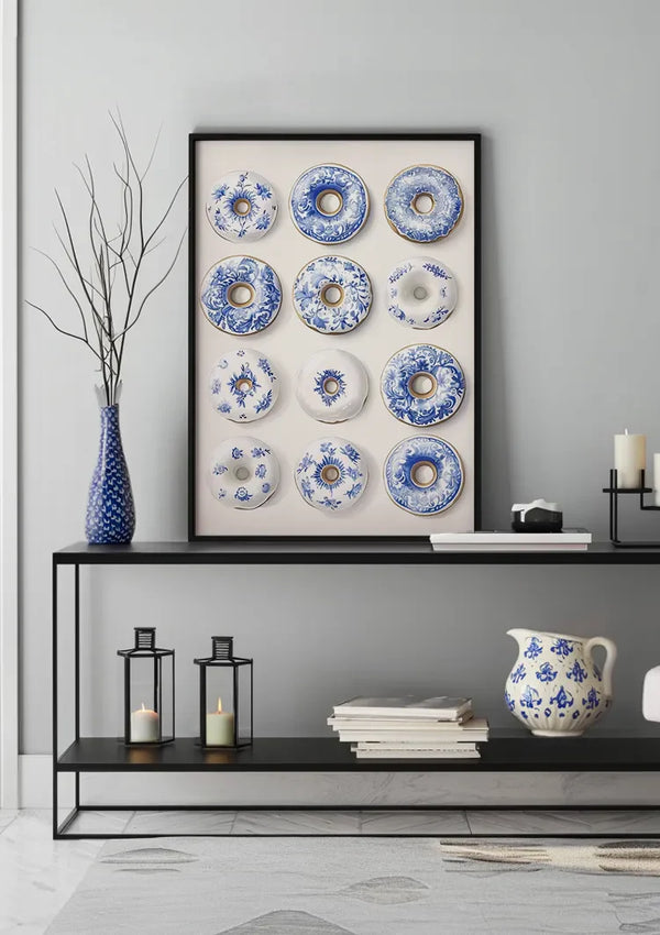Twelve Donuts With Delft Blue Pattern Playful Ceramic Painting