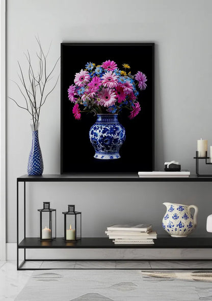 Delfter blaue Vase mit bunten Blumen auf schwarzem Hintergrund Gemälde