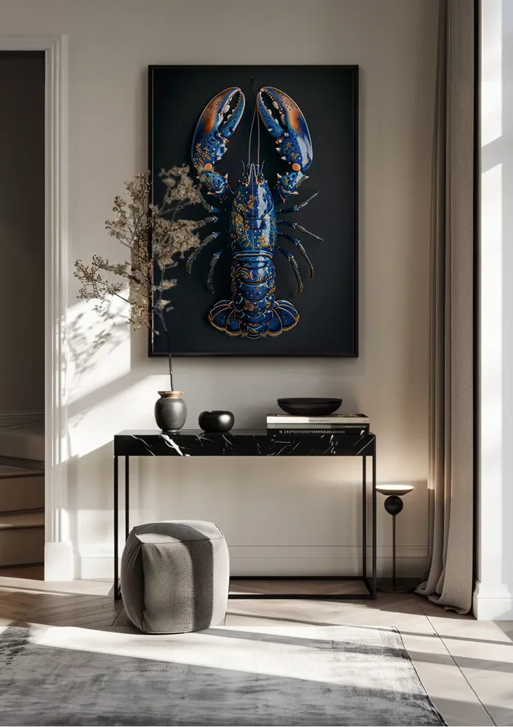 Delft Blue Gold Lobster Ciemne tło Luksusowe detale Pracy na Obraz na płótnie