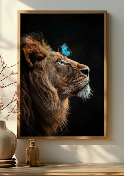 Leeuw Blauwe Vlinder Donkere Achtergrond Majestueus Portret Schilderij