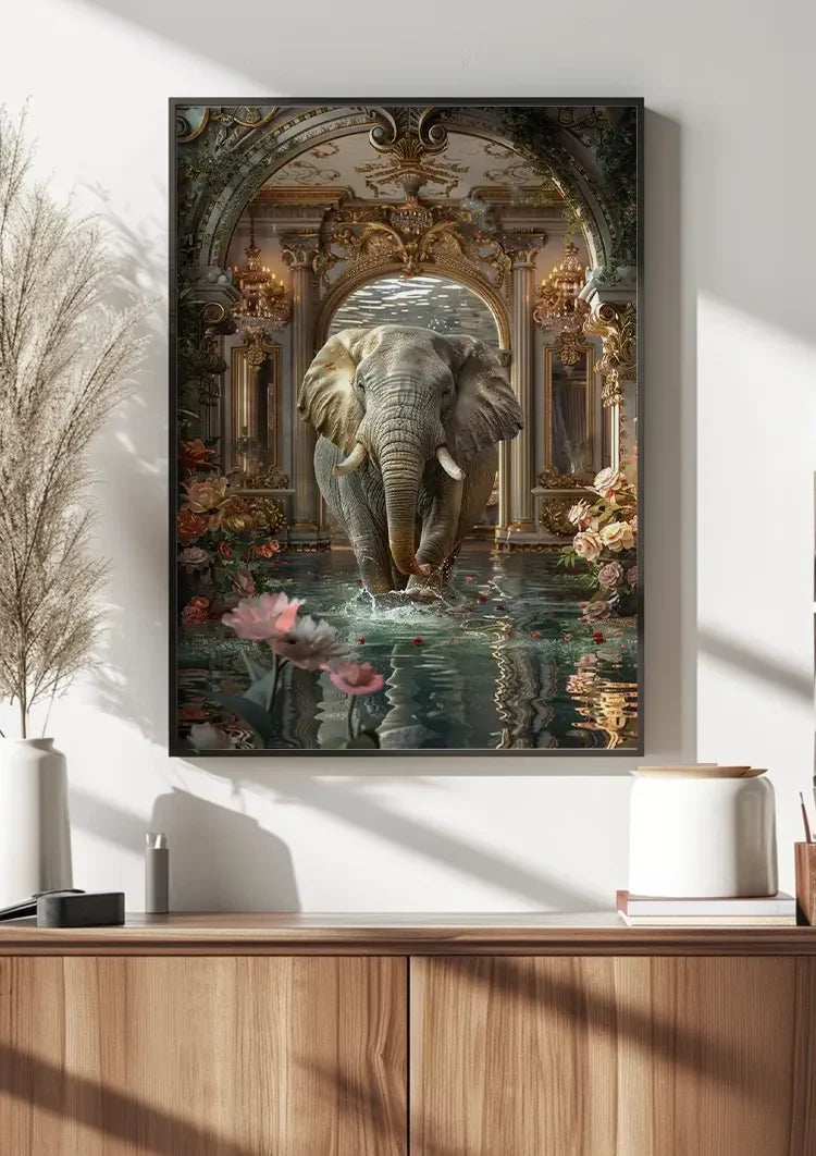 Majestueuze Olifant Fantasie Paleis Lotusbloemen Barok Ornament Schilderij