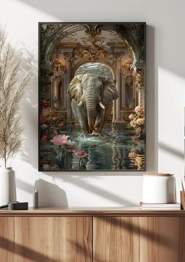 Majestueuze Olifant Fantasie Paleis Lotusbloemen Barok Ornament Schilderij
