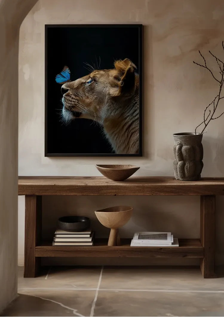Leeuwin Blauwe Vlinder Neus Zwarte Achtergrond Majestueus Portret Schilderij