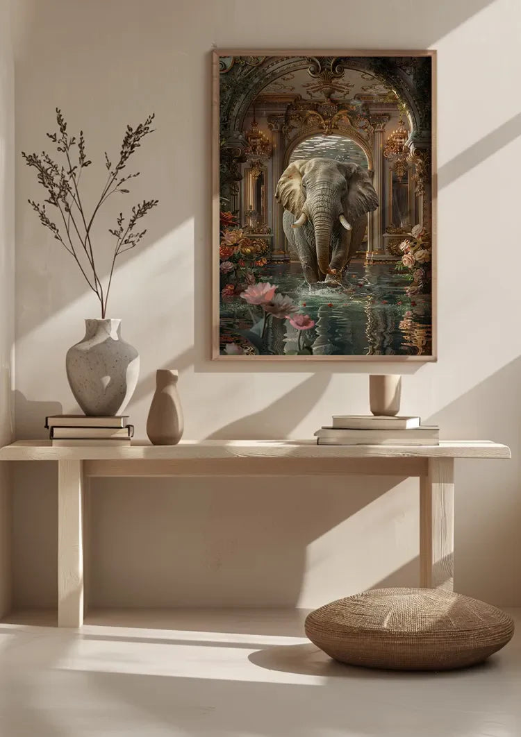 Majestueuze Olifant Fantasie Paleis Lotusbloemen Barok Ornament Schilderij